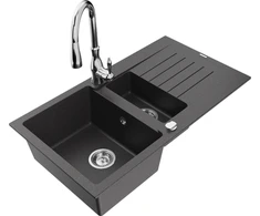 Granitinė virtuvinė plautuvė Mexen Matias su maišytuvu ir sifonu, Juodas granite+Chrome