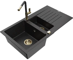 Granitinė virtuvinė plautuvė Mexen Matias su maišytuvu ir sifonu, Metallic juodas/sidabrinis+Juodas/Gold