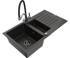Granitinė virtuvinė plautuvė Mexen Matias su maišytuvu ir sifonu, Metallic juodas/auksinis+Juodas/Chrome