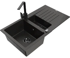 Granitinė virtuvinė plautuvė Mexen Matias su maišytuvu ir sifonu, Metallic juodas/auksinis+Juodas