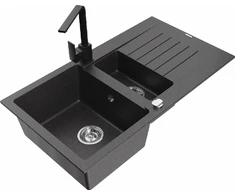 Granitinė virtuvinė plautuvė Mexen Matias su maišytuvu ir sifonu, Juodas granite+Juodas