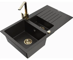 Granitinė virtuvinė plautuvė Mexen Matias su maišytuvu ir sifonu, Metallic juodas/auksinis+Gold