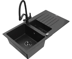 Granitinė virtuvinė plautuvė Mexen Matias su maišytuvu ir sifonu, Metallic juodas/sidabrinis+Juodas
