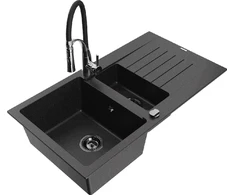 Granitinė virtuvinė plautuvė Mexen Matias su maišytuvu ir sifonu, Metallic juodas/sidabrinis+Juodas/Chrome