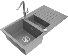 Granitinė virtuvinė plautuvė Mexen Matias su maišytuvu ir sifonu, Pilkas+Pilkas/Chrome