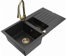 Granitinė virtuvinė plautuvė Mexen Matias su maišytuvu ir sifonu, Metallic juodas/sidabrinis+Gold