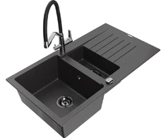 Granitinė virtuvinė plautuvė Mexen Matias su maišytuvu ir sifonu, Juodas granite+Juodas/Chrome