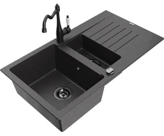 Granitinė virtuvinė plautuvė Mexen Matias su maišytuvu ir sifonu, Juodas granite+Juodas