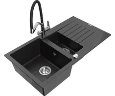 Granitinė virtuvinė plautuvė Mexen Matias su maišytuvu ir sifonu, Metallic juodas/sidabrinis+Juodas/Chrome