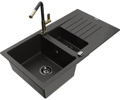 Granitinė virtuvinė plautuvė Mexen Matias su maišytuvu ir sifonu, Metallic juodas/auksinis+Juodas/Gold
