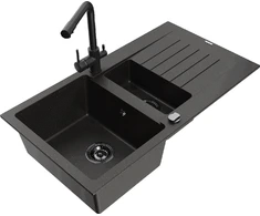 Granitinė virtuvinė plautuvė Mexen Matias su maišytuvu ir sifonu, Metallic juodas/auksinis+Juodas