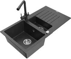 Granitinė virtuvinė plautuvė Mexen Matias su maišytuvu ir sifonu, Juodas granite