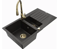 Granitinė virtuvinė plautuvė Mexen Matias su maišytuvu ir sifonu, Metallic juodas/auksinis+Gold