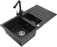 Granitinė virtuvinė plautuvė Mexen Matias su maišytuvu ir sifonu, Metallic juodas/sidabrinis+Juodas