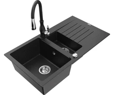 Granitinė virtuvinė plautuvė Mexen Matias su maišytuvu ir sifonu, Metallic juodas/sidabrinis+Juodas