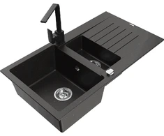 Granitinė virtuvinė plautuvė Mexen Matias su maišytuvu ir sifonu, Metallic juodas/auksinis+Juodas