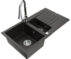 Granitinė virtuvinė plautuvė Mexen Matias su maišytuvu ir sifonu, Metallic juodas/auksinis+Chrome