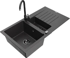 Granitinė virtuvinė plautuvė Mexen Matias su maišytuvu ir sifonu, Juodas granite+Juodas