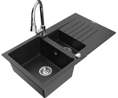 Granitinė virtuvinė plautuvė Mexen Matias su maišytuvu ir sifonu, Metallic juodas/sidabrinis+Chrome