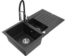 Granitinė virtuvinė plautuvė Mexen Matias su maišytuvu ir sifonu, Metallic juodas/sidabrinis+Juodas/Chrome