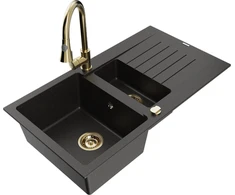 Granitinė virtuvinė plautuvė Mexen Matias su maišytuvu ir sifonu, Metallic juodas/auksinis+Gold