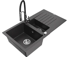 Granitinė virtuvinė plautuvė Mexen Matias su maišytuvu ir sifonu, Juodas granite+Juodas/Chrome