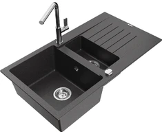 Granitinė virtuvinė plautuvė Mexen Matias su maišytuvu ir sifonu, Juodas granite+Chrome