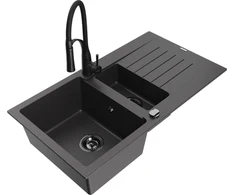 Granitinė virtuvinė plautuvė Mexen Matias su maišytuvu ir sifonu, Juodas granite+Juodas