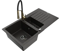 Granitinė virtuvinė plautuvė Mexen Matias su maišytuvu ir sifonu, Metallic juodas/auksinis+Juodas/Gold