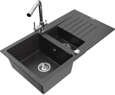 Granitinė virtuvinė plautuvė Mexen Matias su maišytuvu ir sifonu, Juodas granite+Chrome