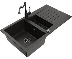 Granitinė virtuvinė plautuvė Mexen Matias su maišytuvu ir sifonu, Metallic juodas/auksinis+Juodas