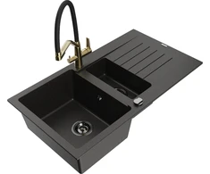 Granitinė virtuvinė plautuvė Mexen Matias su maišytuvu ir sifonu, Metallic juodas/auksinis+Juodas/Gold