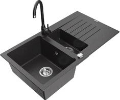 Granitinė virtuvinė plautuvė Mexen Matias su maišytuvu ir sifonu, Juodas granite+Juodas