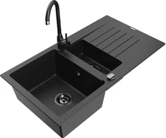 Granitinė virtuvinė plautuvė Mexen Matias su maišytuvu ir sifonu, Metallic juodas/sidabrinis+Juodas