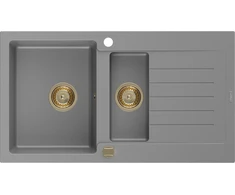 Granitinė virtuvinė plautuvė Mexen Matias su sifonu, Pilkas+Gold, 900 x 505 mm
