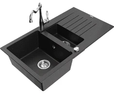 Granitinė virtuvinė plautuvė Mexen Matias su maišytuvu ir sifonu, Metallic juodas/sidabrinis+Chrome