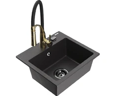 Granitinė virtuvinė plautuvė Mexen Milo su maišytuvu ir sifonu, Juodas granite+Juodas/Gold