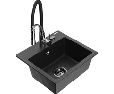 Granitinė virtuvinė plautuvė Mexen Milo su maišytuvu ir sifonu, Metallic juodas/sidabrinis+Juodas/Chrome