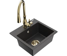 Granitinė virtuvinė plautuvė Mexen Milo su maišytuvu ir sifonu, Juodas granite+Gold