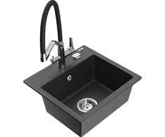 Granitinė virtuvinė plautuvė Mexen Milo su maišytuvu ir sifonu, Juodas granite+Juodas/Chrome