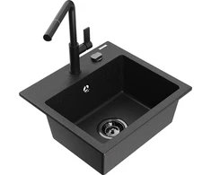Granitinė virtuvinė plautuvė Mexen Milo su maišytuvu ir sifonu, Metallic juodas/sidabrinis+Juodas