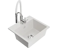 Granitinė virtuvinė plautuvė Mexen Milo su maišytuvu ir sifonu, Baltas+Baltas/Chrome