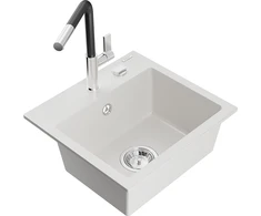 Granitinė virtuvinė plautuvė Mexen Milo su maišytuvu ir sifonu, Baltas+Juodas/Chrome