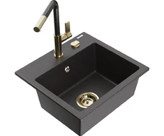 Granitinė virtuvinė plautuvė Mexen Milo su maišytuvu ir sifonu, Juodas granite+Juodas granite/Gold