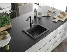 Granitinė virtuvinė plautuvė Mexen Milo su maišytuvu ir sifonu, Juodas granite+Juodas