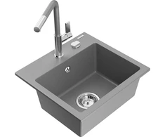 Granitinė virtuvinė plautuvė Mexen Milo su maišytuvu ir sifonu, Pilkas+Pilkas/Chrome