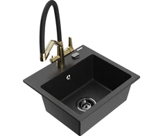 Granitinė virtuvinė plautuvė Mexen Milo su maišytuvu ir sifonu, Metallic juodas/sidabrinis+Juodas/Gold