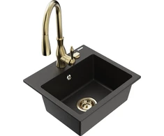 Granitinė virtuvinė plautuvė Mexen Milo su maišytuvu ir sifonu, Metallic juodas/auksinis+Gold