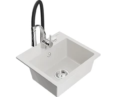 Granitinė virtuvinė plautuvė Mexen Milo su maišytuvu ir sifonu, Baltas+Juodas/Chrome