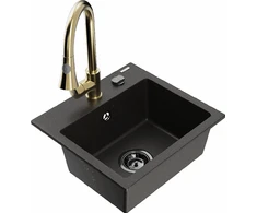 Granitinė virtuvinė plautuvė Mexen Milo su maišytuvu ir sifonu, Metallic juodas/auksinis+Gold